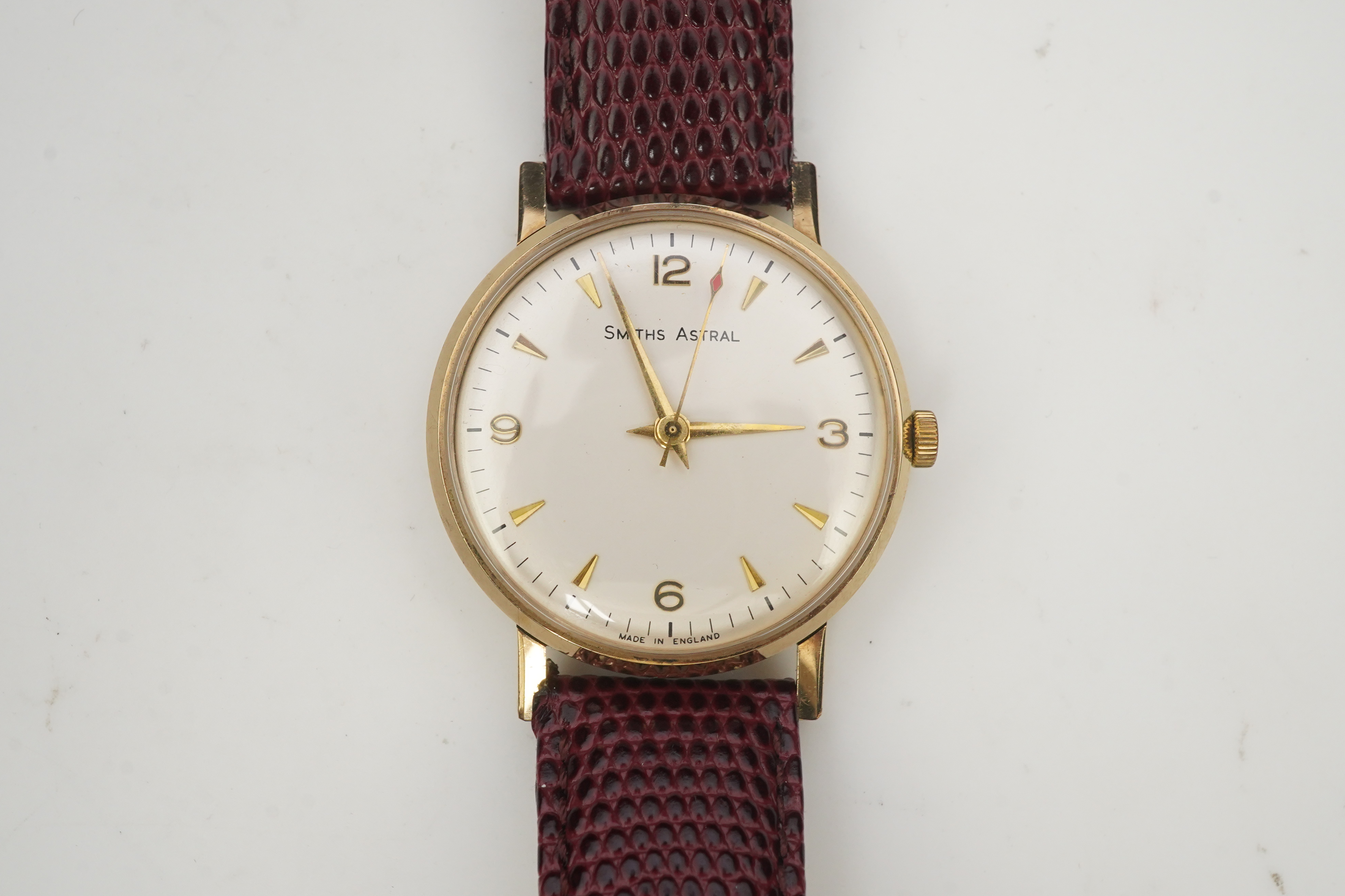 A gentleman's 1950's? 9ct gold Smiths Astral manual wind wrist watch, on a later associated Hirsch leather strap